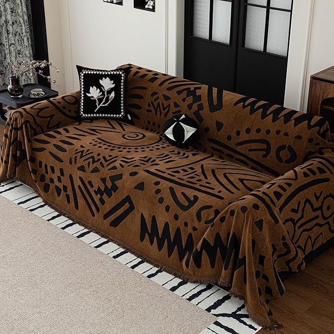 MEETSKY Boho Couch Cover Sofa Covers, Chenille Geometric Dark Brown Couch Covers by MEETSKY