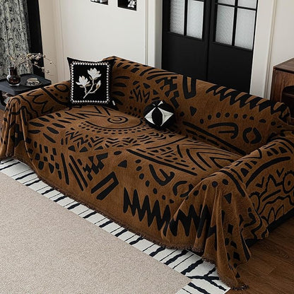 MEETSKY Boho Couch Cover Sofa Covers, Chenille Geometric Dark Brown Couch Covers by MEETSKY
