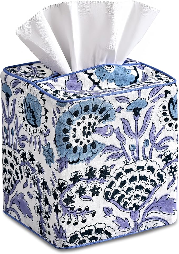 CPC Indigo Blue Hand Block Printed Cotton Tissue Box Cover 5" x 5" x 5.5" by COTTONPRINTCLUB