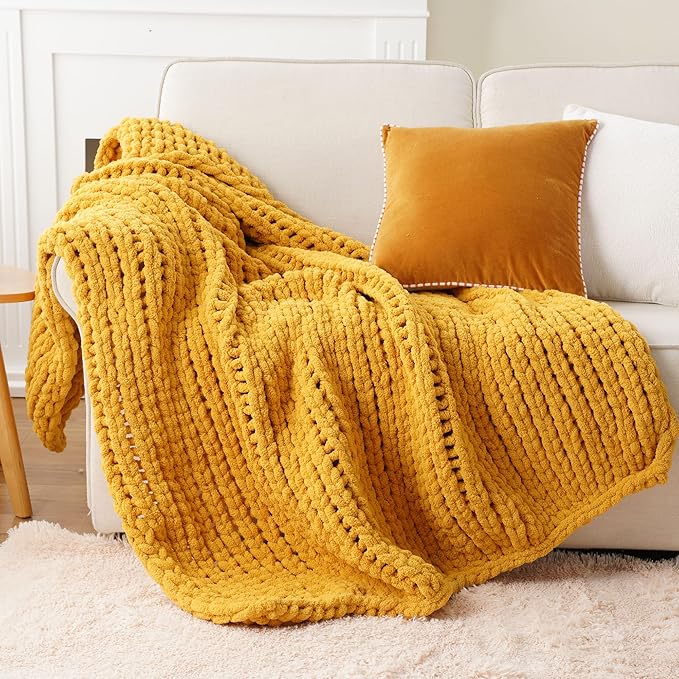 Battilo Mustard Yellow Chunky Knit Throw Blanket, Soft and Thick Chenille Throw by Battilo