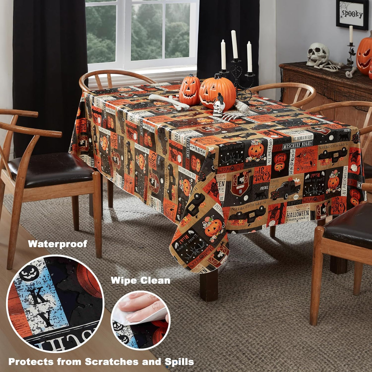 Newbridge Halloween Rustic Spooky Farm 60 x 120 Inch Rectangle Vinyl Tablecloth with Flannel Backing, Vintage Halloween Truck and Pumpkin Design, Easy Care Wipe Clean Table Cover