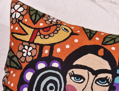 Frida Kahlo Inspired Pillow Cover Orange Mexican Art Pillowcase Eclectic - Image 4