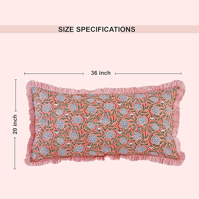 Ridhi Dark Salmon Pink 100% Cotton Block Print Ruffle Bed Sham Cover 20''×36'' - Image 4