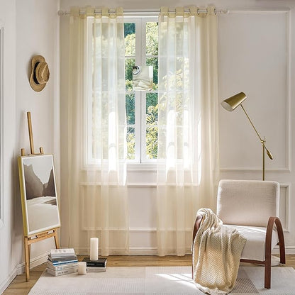 Foil Stripe Beige Sheer Curtains 84 inches Length 2 Panels by MISSTIAM