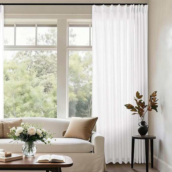 Ivory White Pinch Pleat Linen 120 Inch Curtains by DUKIYO
