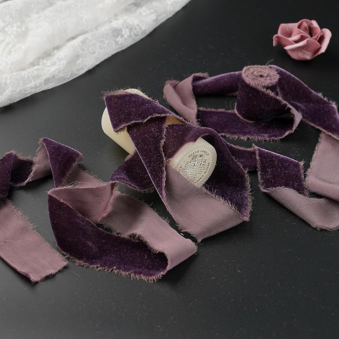 Plum Velvet Ribbon 1.5 Inch Frayed Silk Velvet Rustic Mauve Purple Christmas - Image 5
