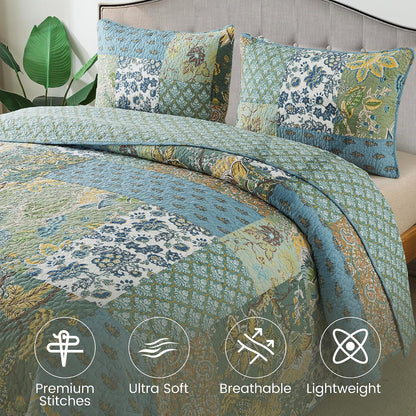 newlake cotton patchwork bedspread, 3-piece bedding quilt set shown in use