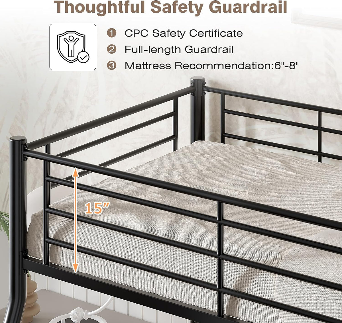 vecelo bunk bed twin over full, metal bunkbeds, close-up detail