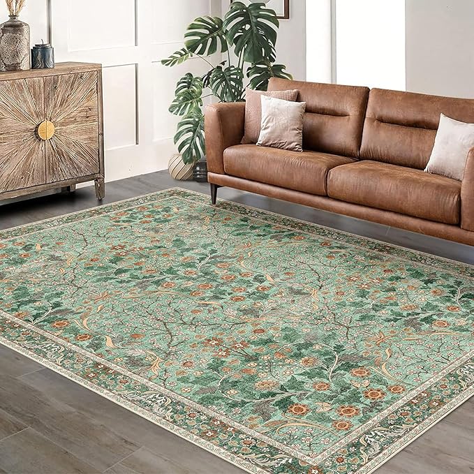 MUJOO Green 5x7 Area Rugs, Floral Washable Rug - Image 3