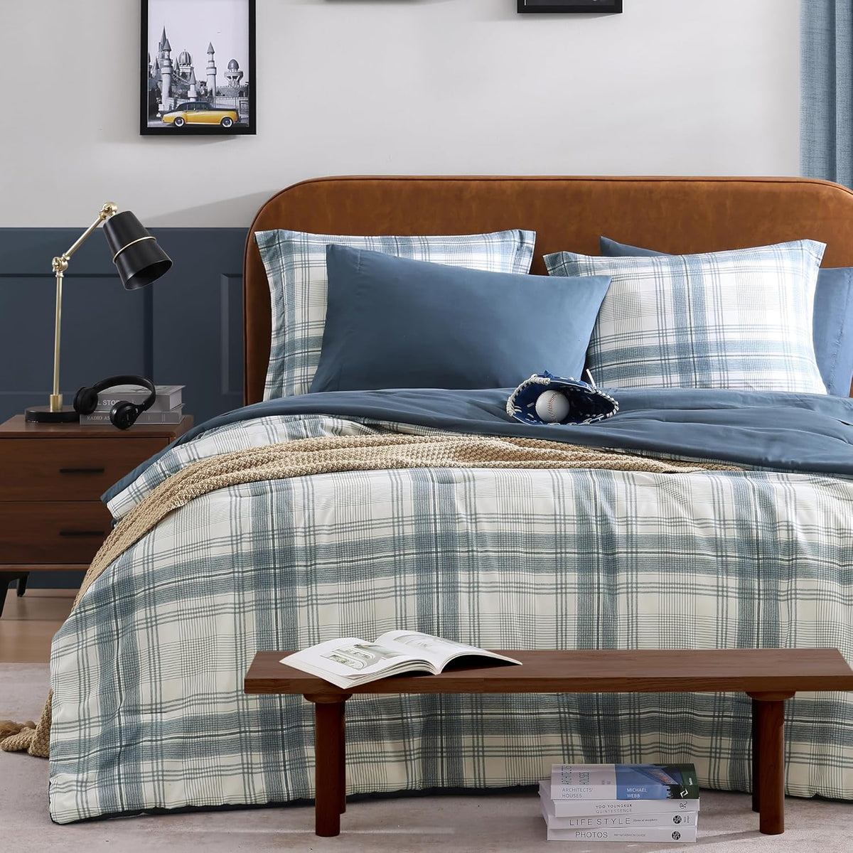 plaid full size comforter set blue grey 7 shown in use