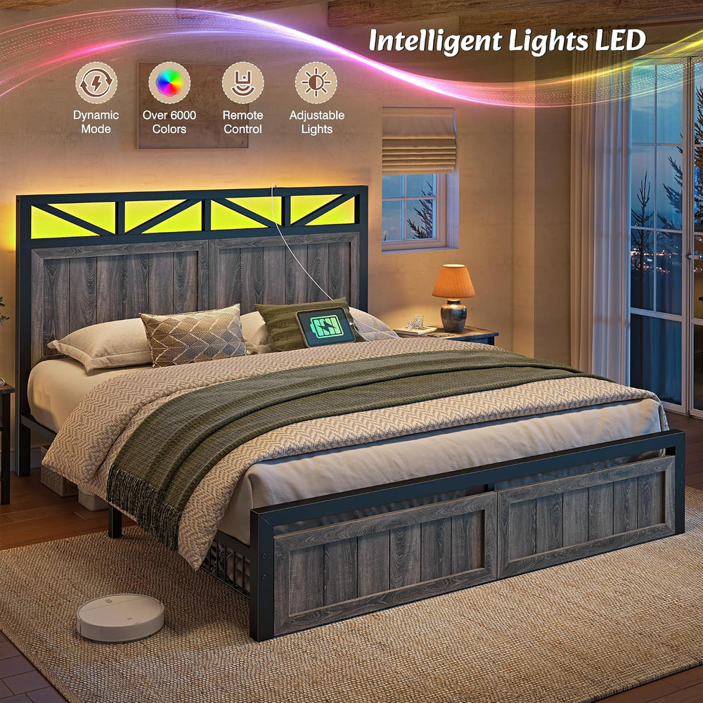 EnHomee Queen Farmhouse Bed Frame, 2 Storage Drawers, LED & USB, Light Grey