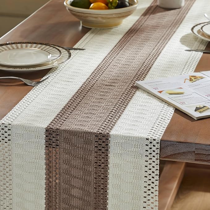 ZeeMart Macrame Style Bicolor Stitching Table Runner, 14 x 108 Inch Cocoa - Image 5