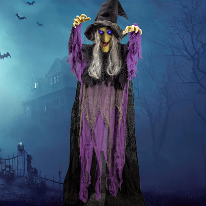 JOYIN 72” Halloween Hanging Witch Decorations Outdoor, Flying Talking Ghost Decor Light Up Eyes Sound Activated, Outside Indoor Haunted House Prop for Lawn Yard Garden, Purple