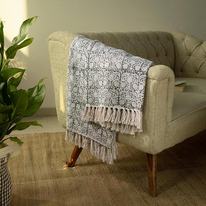 100% Pure Cotton Handblock Printed Throw Blanket, Soft 50" x 60" Fringed Floral - Image 3