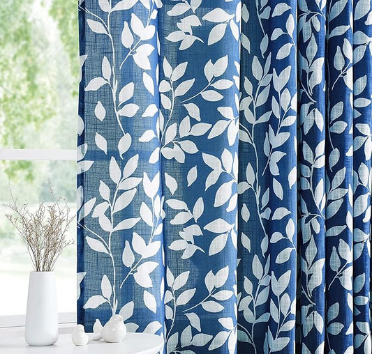 Navy and White Curtains for Bedroom 54" Length Leaf Print Curtains for Windows by Treatmentex