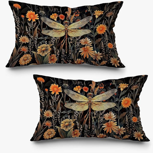 Vintage Moody Floral Dragonfly Pillow Covers 12x20 Set of 2, Dragonfly Decor by Exqcom