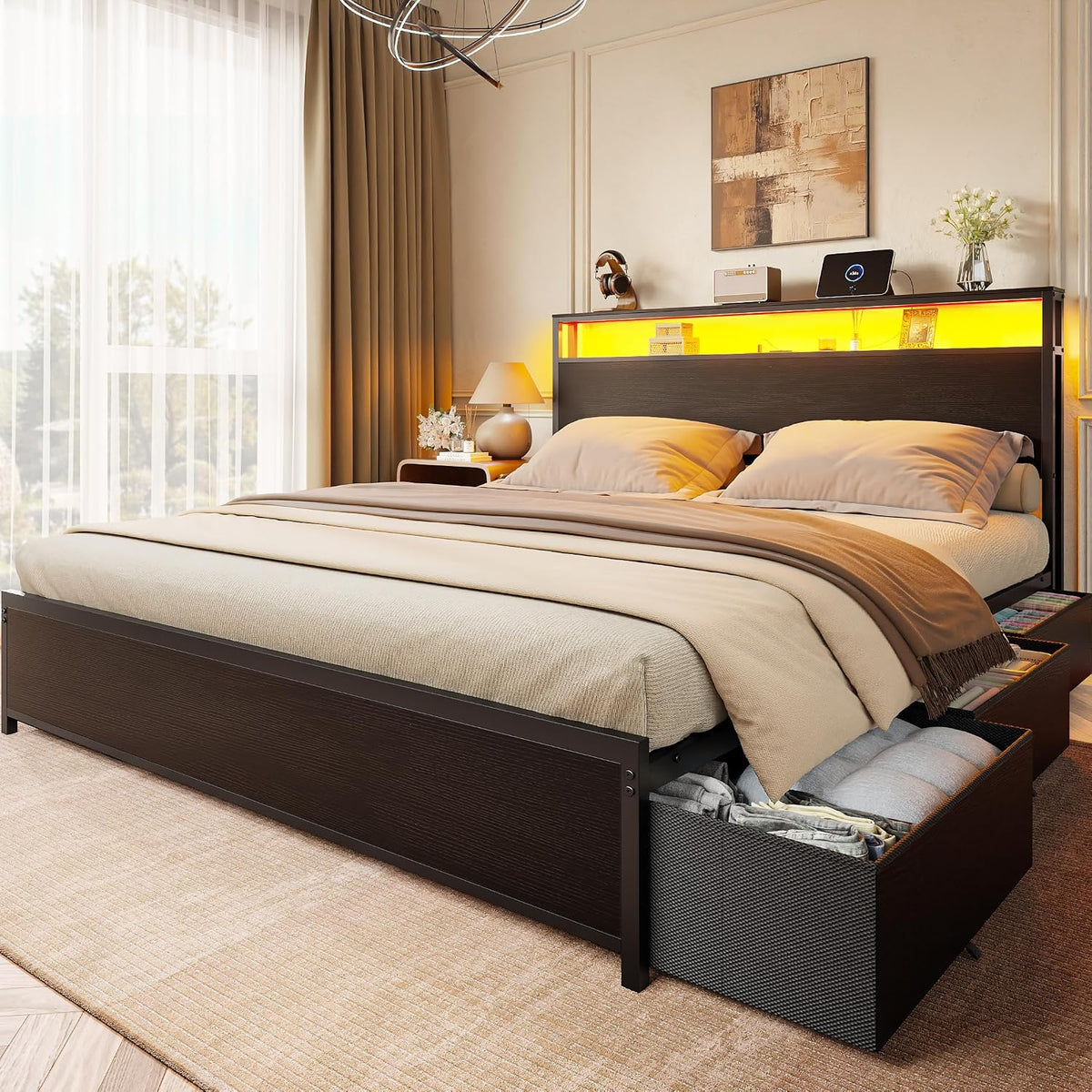 forestell queen bed frame with 2-tier storage headboard, main product view