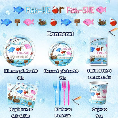 GREHUMOR Gone Fishing Gender Reveal Party Tableware 142Pcs Fish She or Fish He - Image 3