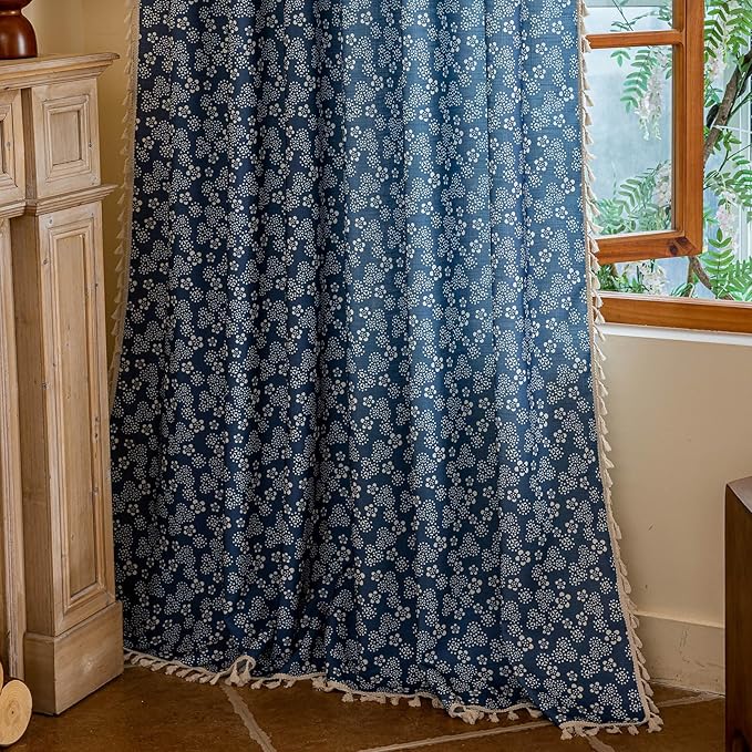 ENJOYBRIDAL White Floral Curtains 84 Inch Long Semi Sheer Navy Blue Drapes - Image 6