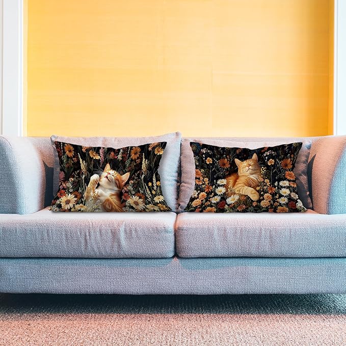 Boho Moody Floral Orange Cat Pillow Covers 12x20 Set of 2, Cat Mom Lady Lovers - Image 3