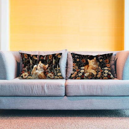 Boho Moody Floral Orange Cat Pillow Covers 12x20 Set of 2, Cat Mom Lady Lovers - Image 3
