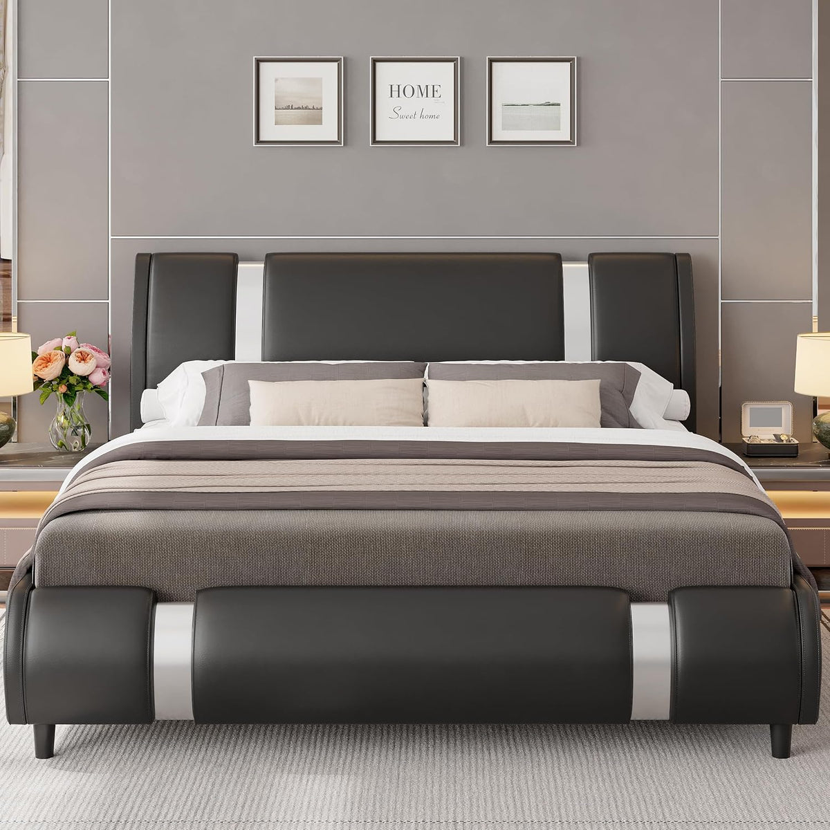 keyluv modern queen size bed frame with mirror, close-up detail