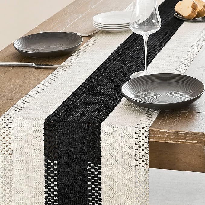 ZeeMart Macrame Style Bicolor Stitching Table Runner, 14 x 108 Inch Black/Ivory - Image 4