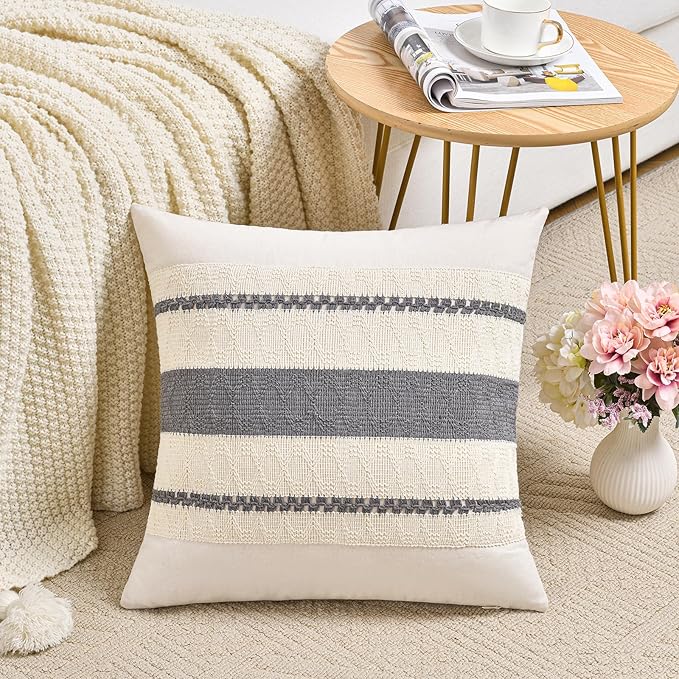 Fancy Homi Set of 2 Neutral Grey Farmhouse Decorative Throw Pillow Covers 16x16 - Image 2