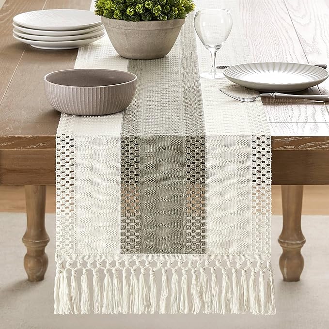 ZeeMart Macrame Style Bicolor Stitching Table Runner, 14 x 48 Inch Dark - Image 2