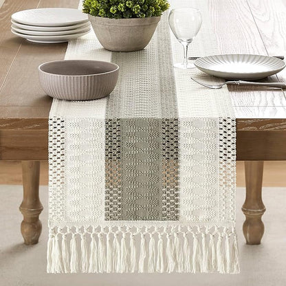 ZeeMart Macrame Style Bicolor Stitching Table Runner, 14 x 48 Inch Dark - Image 2