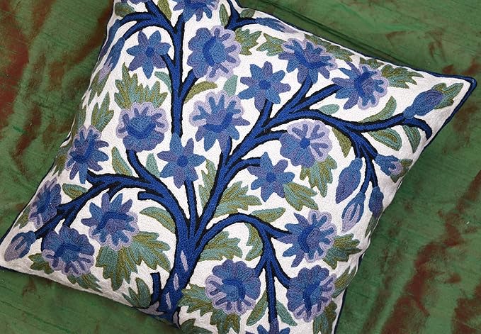 Blue Tree of Life Pillow Cover Indigo Plant Floral Pillowcase Needlepoint - Image 8