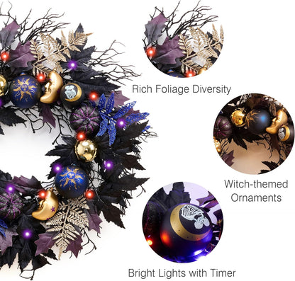 DecorbyHannah 24'' Pumpkins Halloween Wreath with Lights for Front Door