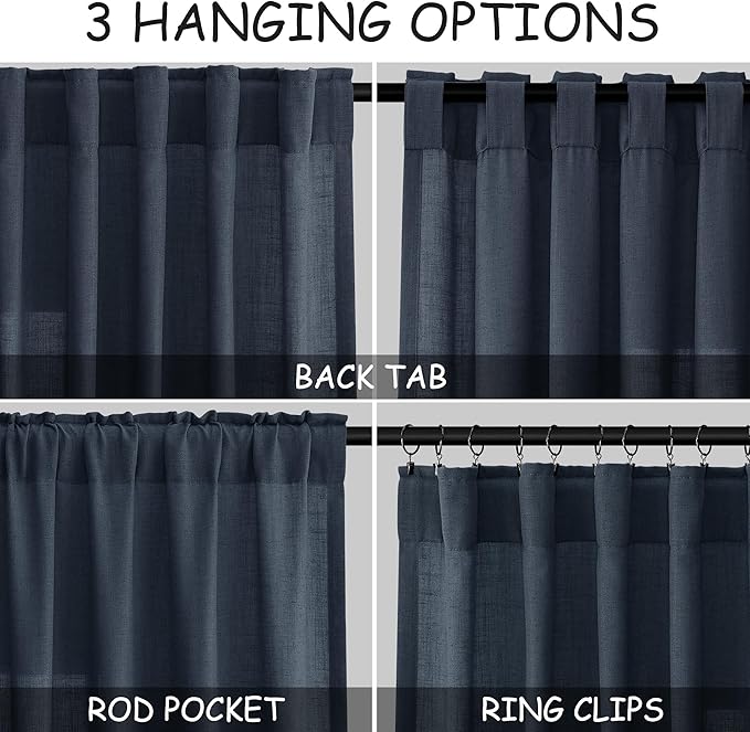 Vintage Blue Linen Curtains 90 Inch Long 2 Panels Set - Image 2