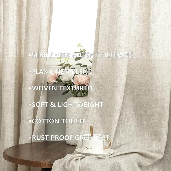 72 Inch Length Linen Curtains for Bedroom 2 Panel Set Natural Crude Tan Beige - Image 3