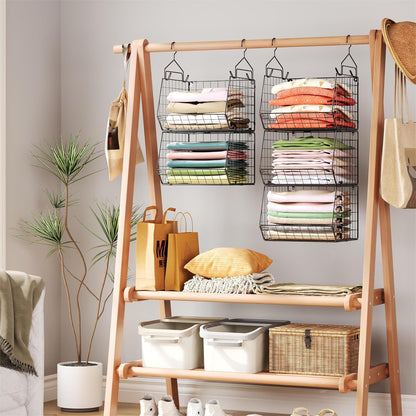 x-cosrack 5 tier closet hanging organizer, clothes hanging on a desk or shelf