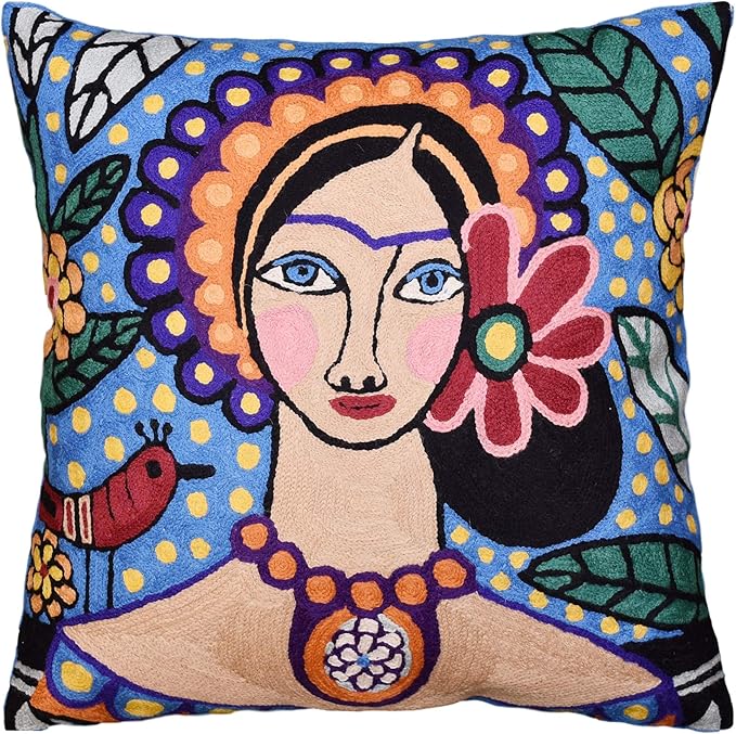 Frida Inspired Pillow Cover Necklace Mexican Art Floral Pillowcase Hand by Kashmir+Designs