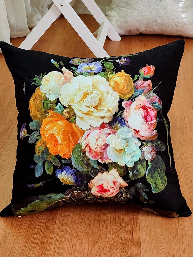 Vibrant Multicolor Roses & Violets on Black Throw Pillow Cover, 18x18 Inch - Image 7