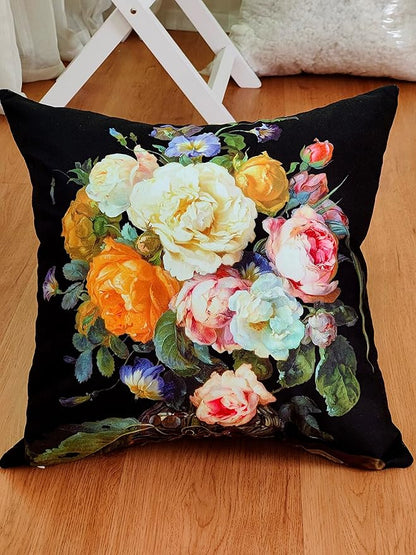 Vibrant Multicolor Roses & Violets on Black Throw Pillow Cover, 18x18 Inch - Image 7