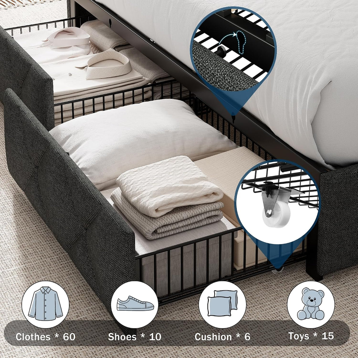 galnfu queen bed frame with 4 storage drawers, side view