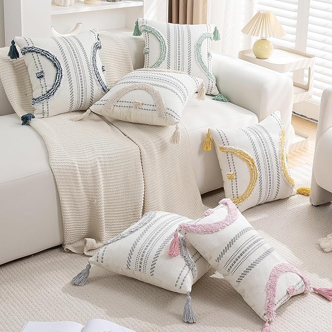 Boho Throw Pillow Covers 12x20 Set of 2 Cotton Woven Tufted Farmhouse Lumbar - Image 5