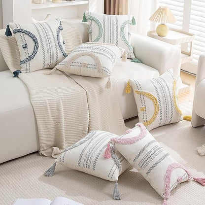 Boho Throw Pillow Covers 18x18 Set of 2 Cotton Woven Tufted Farmhouse Pillows - Image 5