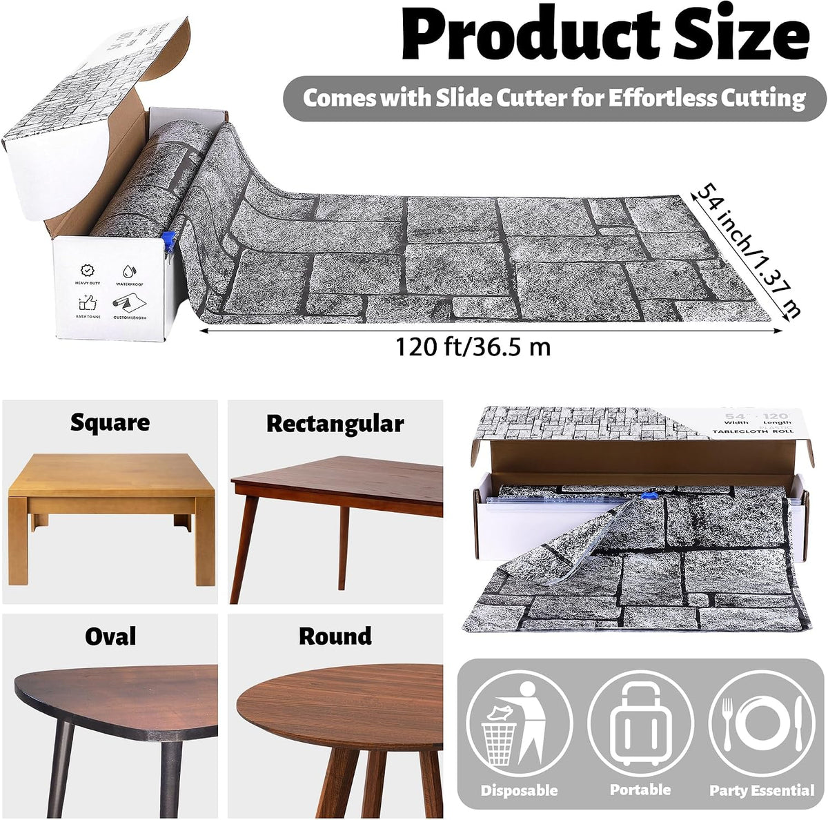 Aneco 120 Ft x 54 Inch Halloween Stone Wall Tablecloth Roll with Cutter Box Disposable Brick Stone Plastic Table Cover Medieval Brick Wall Backdrops for Castle Knight Theme Parties and Birthdays