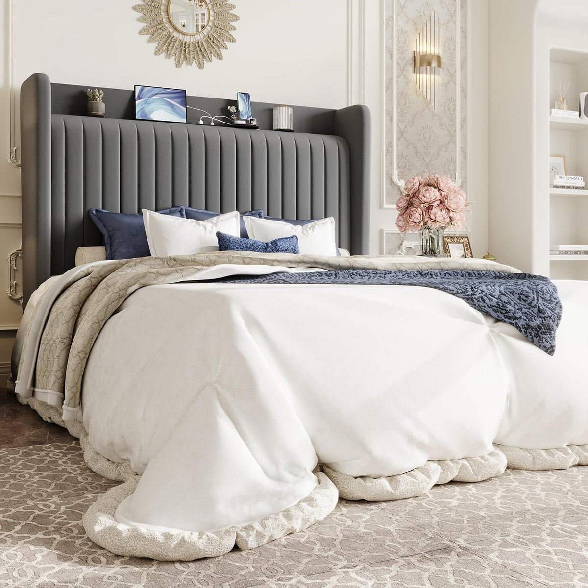 sha cerlin queen size velvet bed frame with, main product view