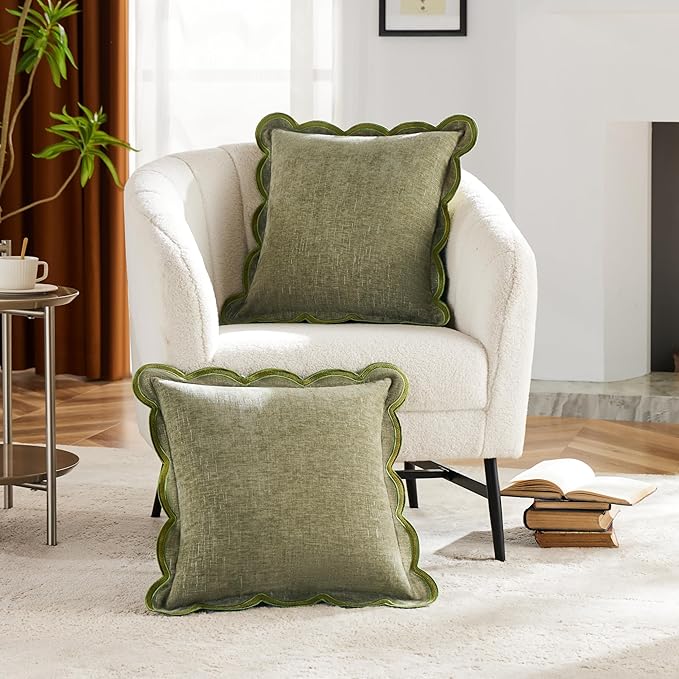 Sage Green Scalloped Pillow Cover Pack of 2 Spring Chenille Decorative Throw - Image 2