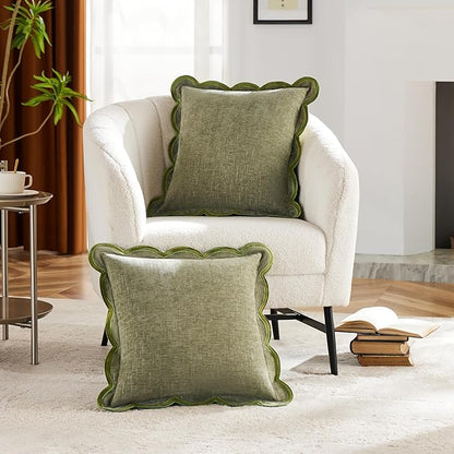 Sage Green Scalloped Pillow Cover Pack of 2 Spring Chenille Decorative Throw - Image 2