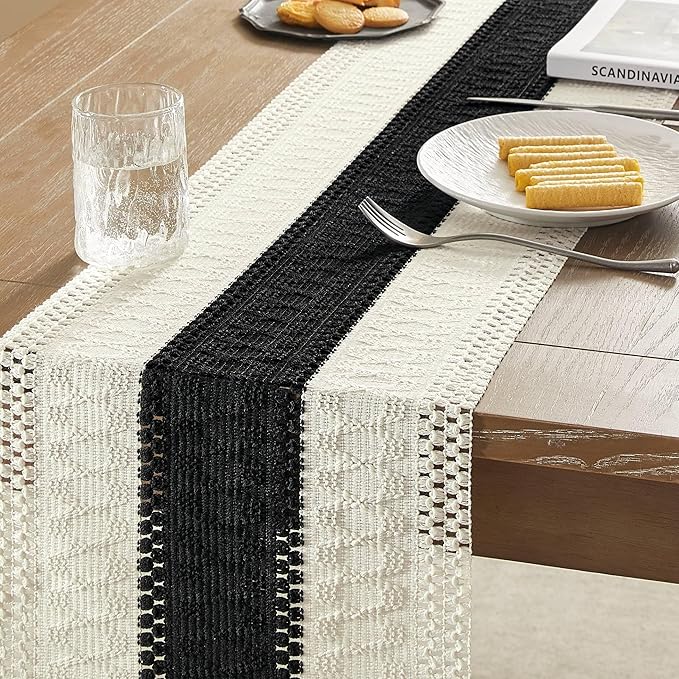 ZeeMart Macrame Style Bicolor Stitching Table Runner, 12 x 108 Inch Black/Ivory - Image 4