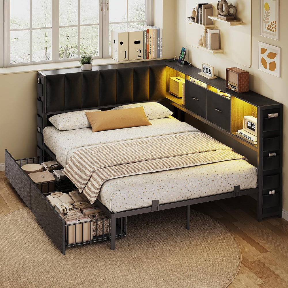 Full Corner Bed Frame with Upholstered Storage Headboard and Drawers, Metal P...