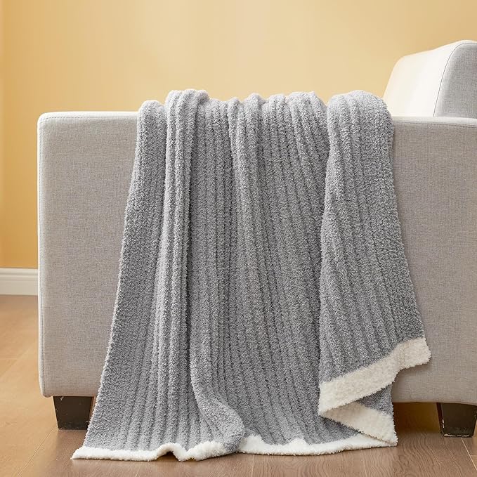 Snuggle Sac Fluffy Ribbed Grey Blanket Twin Size, Soft Luxurious Knit Fuzzy - Image 9