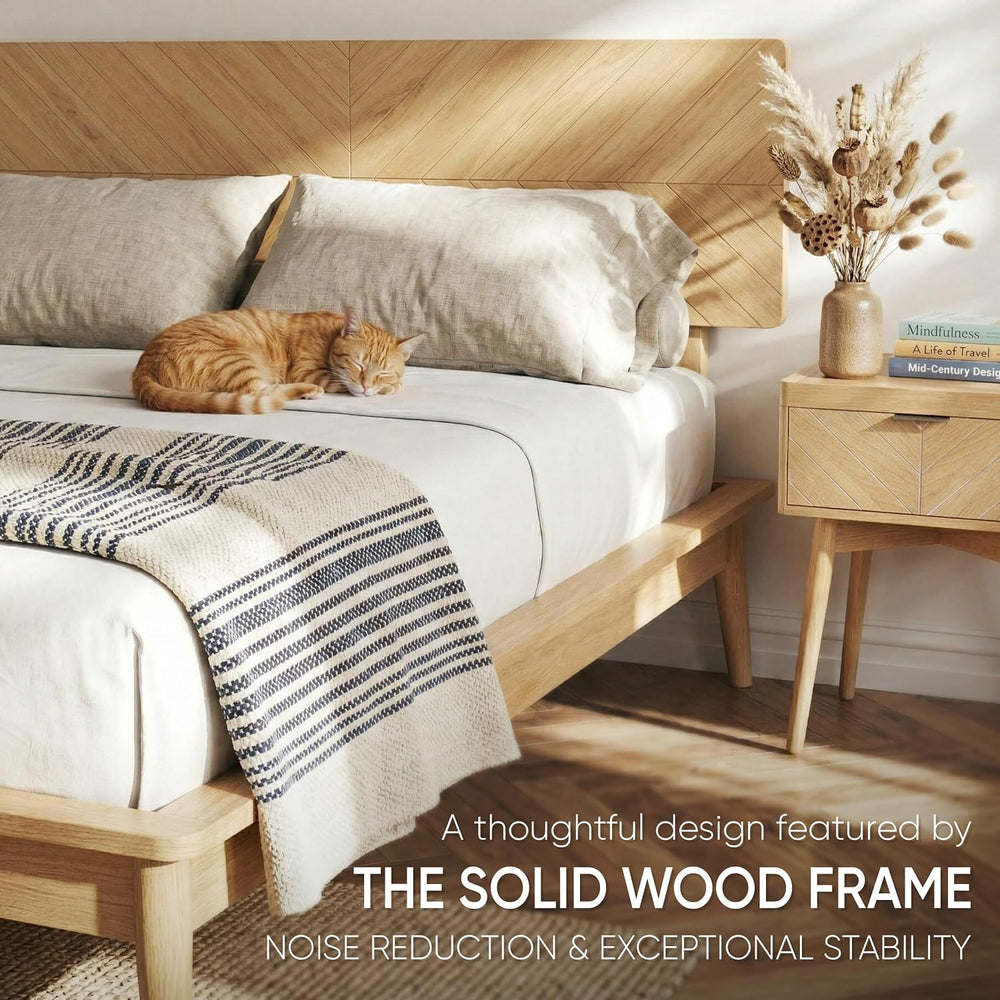 Loki Solid Wood Bed Twin XL, Chevron Headboard, Light Oak