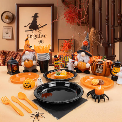LUODA MirthMood 350PCS black and orange Plastic Plates,Black Disposable Plates –Plastic Plates Set Includes 50 Dinner,50 Dessert Plate,50 Cup&50 Napkins, 50 orange Silverware for Parties&Halloween